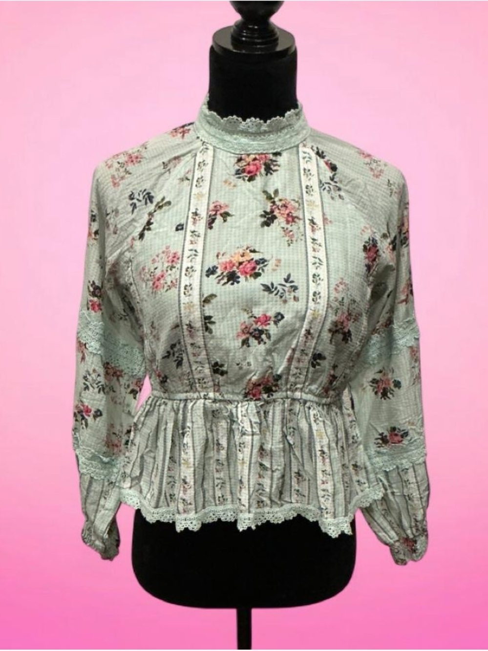 🌸HEMANT & NANDITA Anthropologie Mint Green Floral Lace-Trim Peplum Blouse